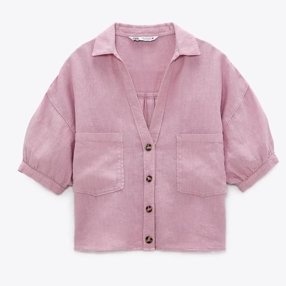 Zara Tops - ZARA pink cropped linen shirt size extra large